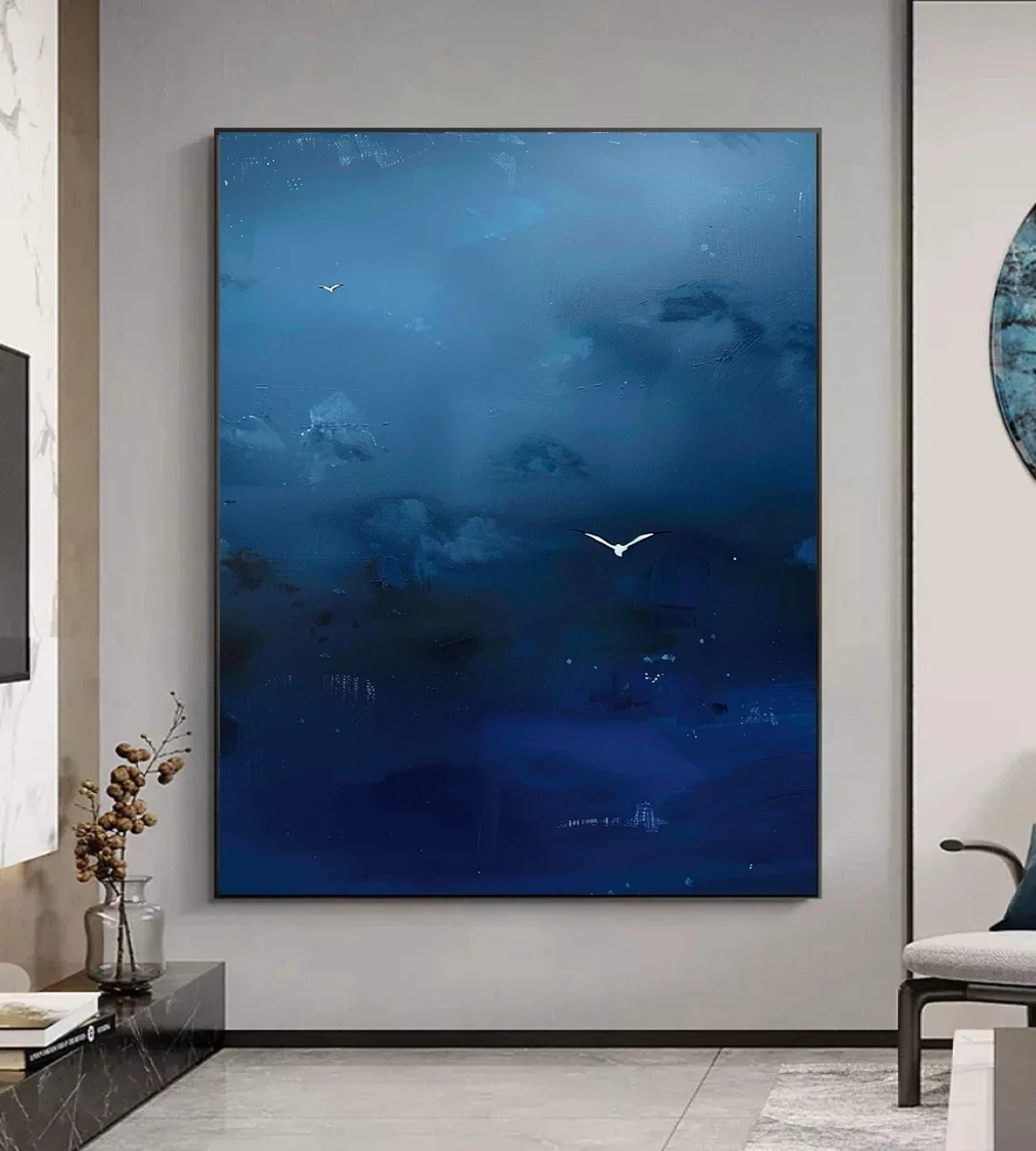 Misty Blue Tonalist Abstract Atmospheric Painting with Birds #MM245