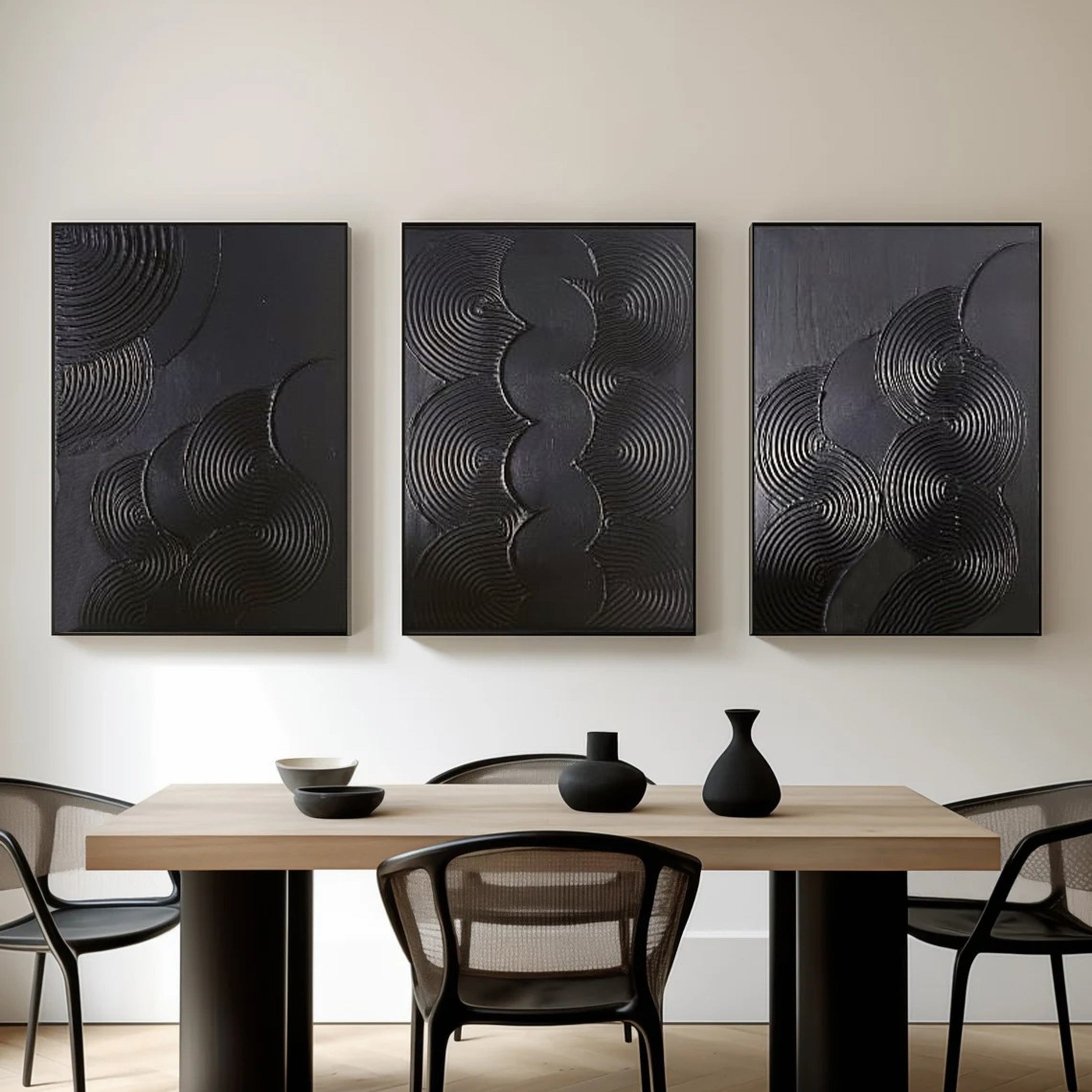 Modern Black Textured Geometric Triptych Wall Art #MMS063