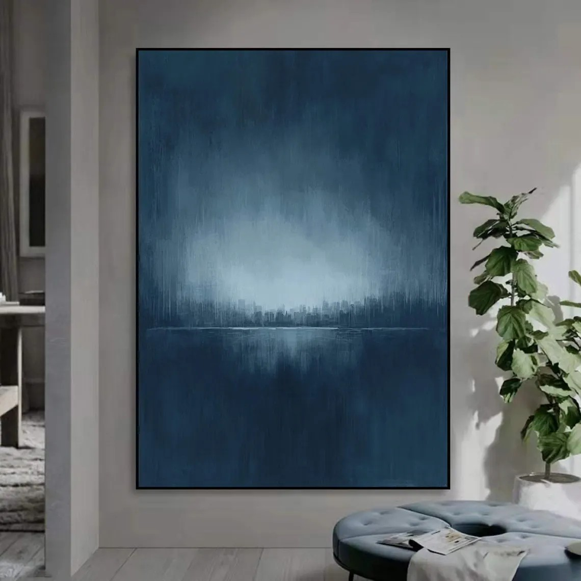 Misty Blue Landscape at Dawn Abstract Atmospheric Painting #MM249