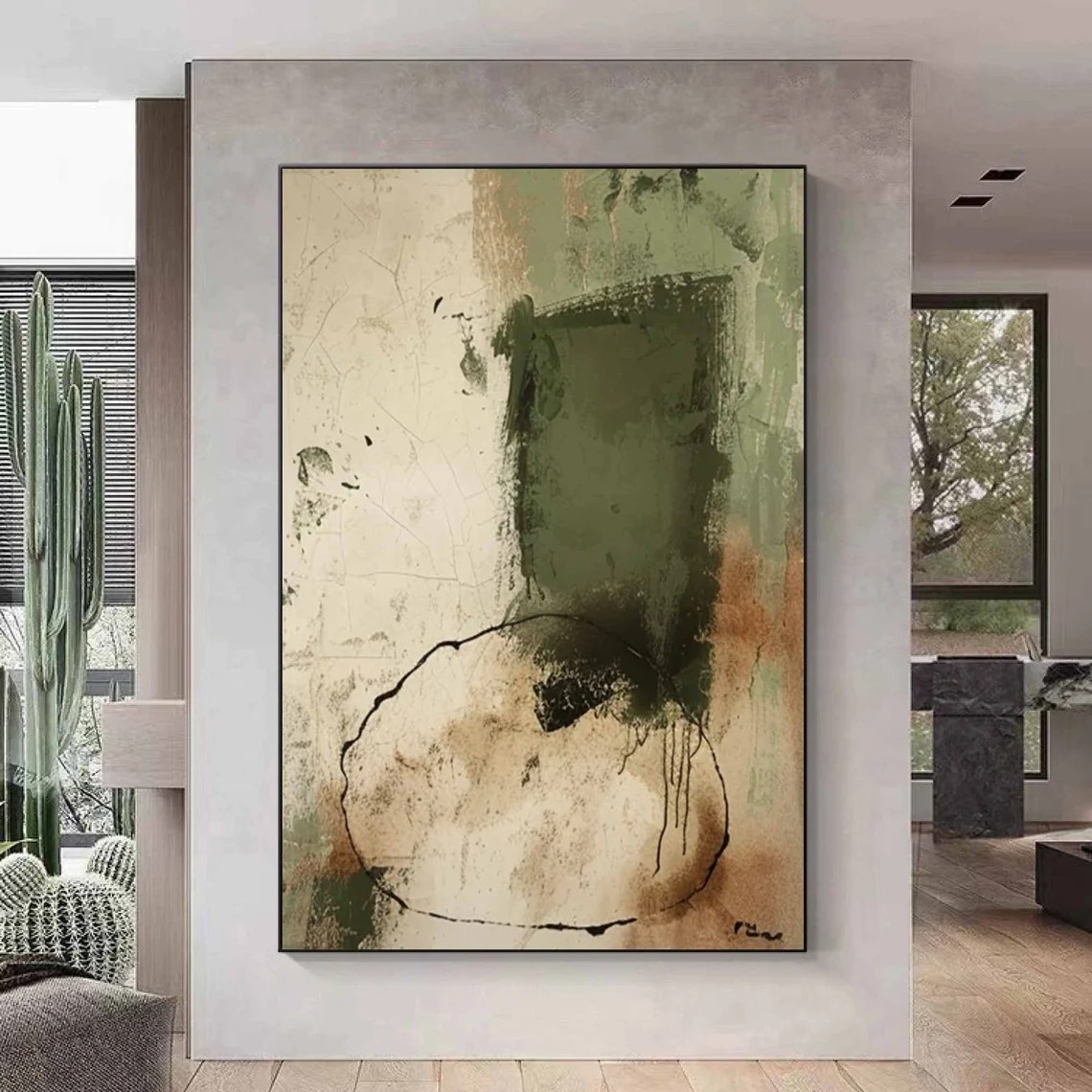 Textured Beige and Green Abstract Modern Minimalist Wall Decor #MM219