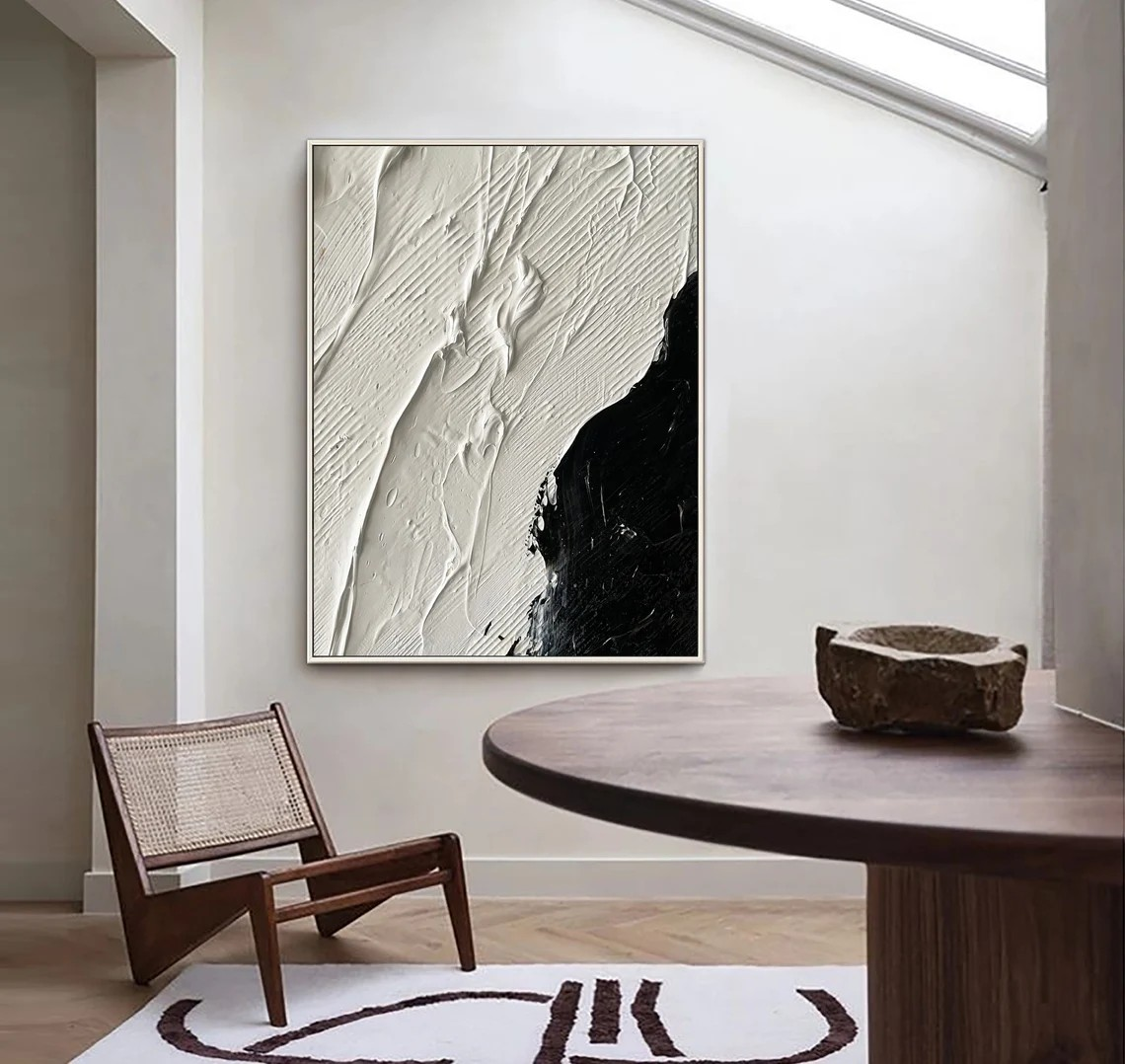 Minimalist Black and White Textured Abstract Oil Painting, Modern Wall Decor #MM378