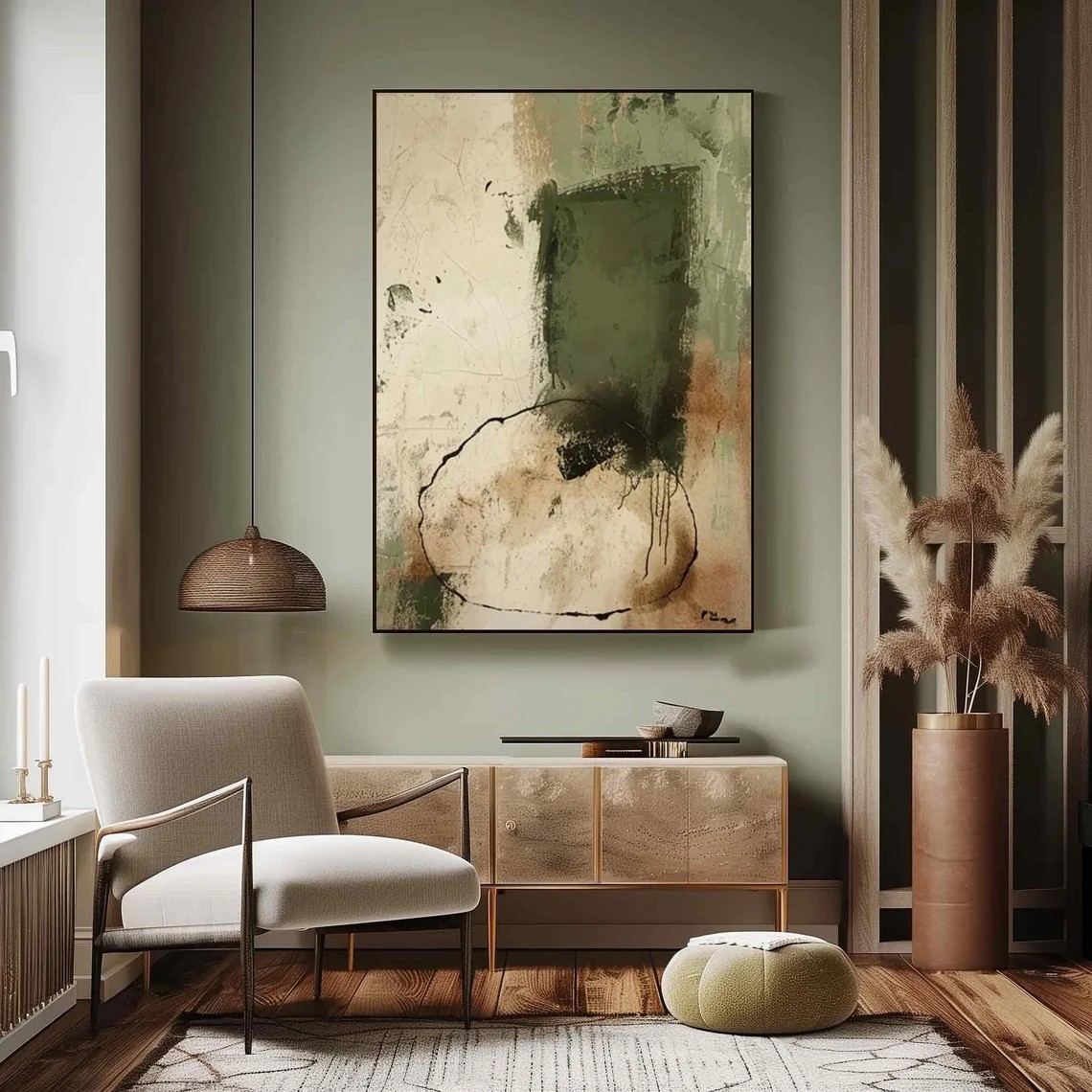 Textured Beige and Green Abstract Modern Minimalist Wall Decor #MM219