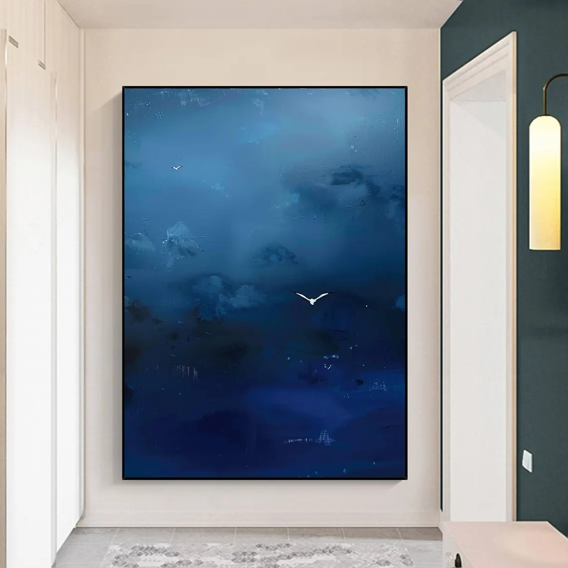 Misty Blue Tonalist Abstract Atmospheric Painting with Birds #MM245