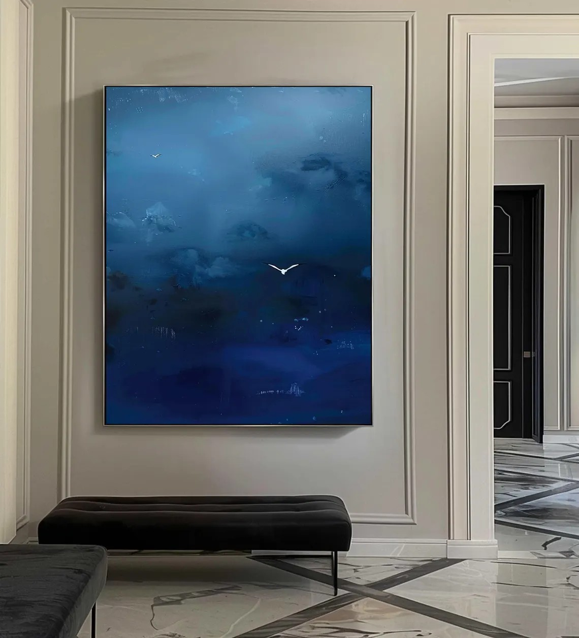 Misty Blue Tonalist Abstract Atmospheric Painting with Birds #MM245