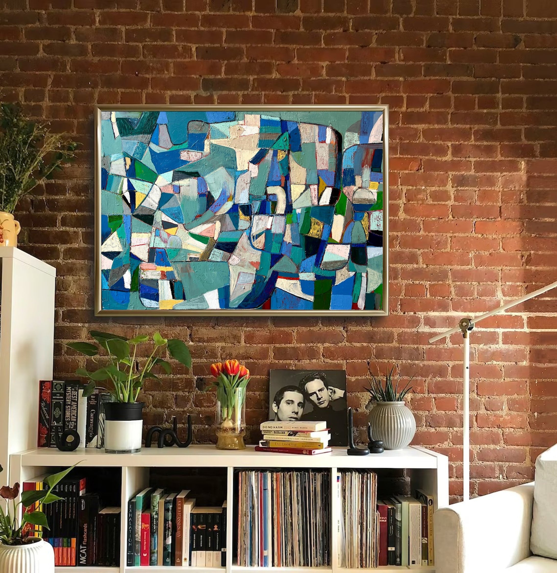 Vibrant Mid Century Wall Art Abstract Shapes in Cool Hues #MC002